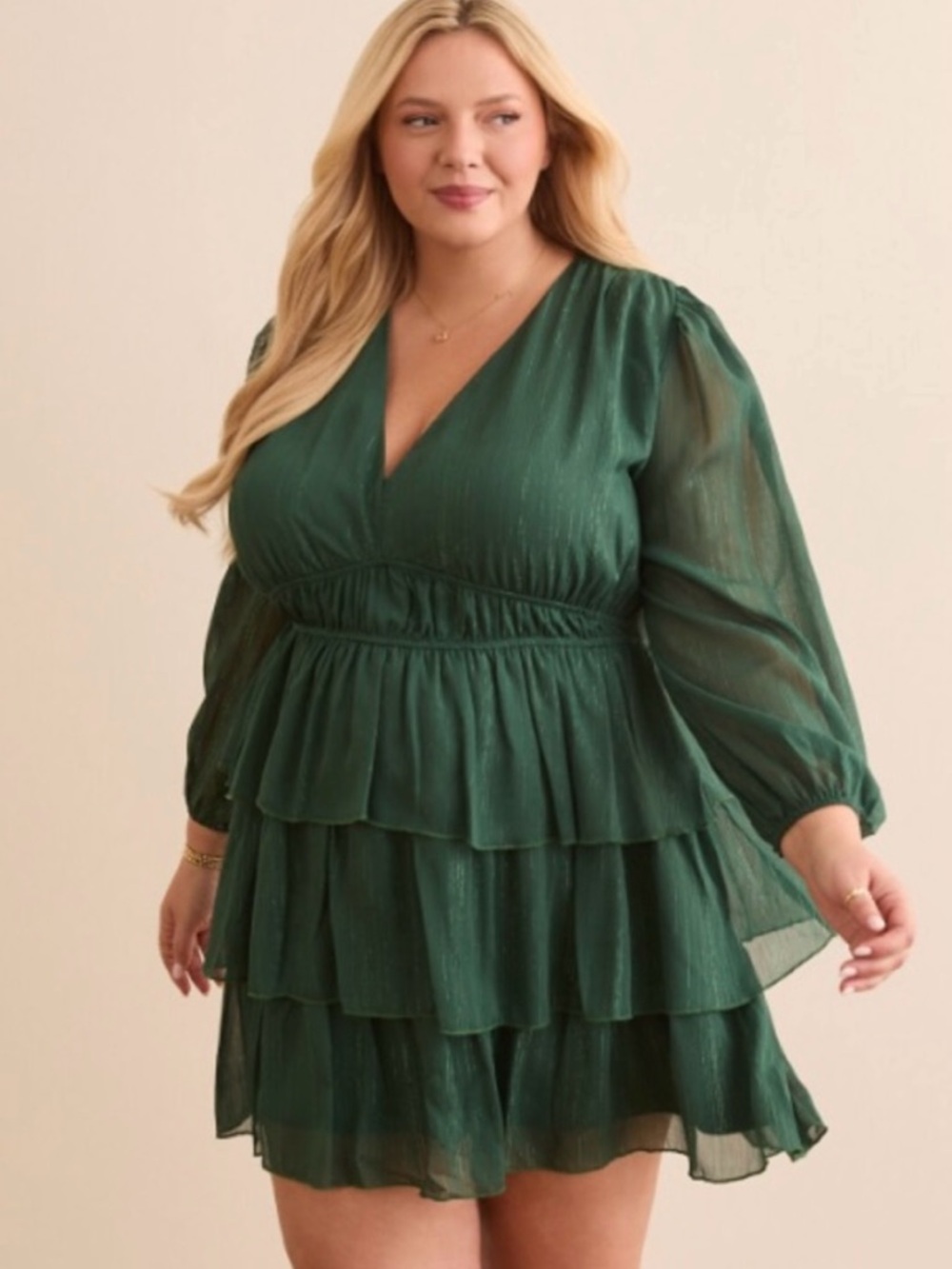 ARULA Forest Green Tiered Long Sleeve Mini Dress